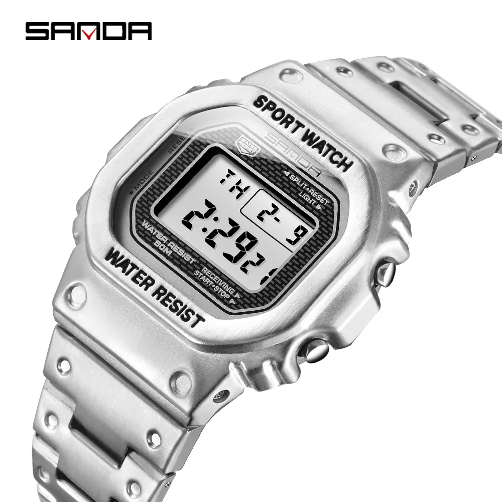 SANDA Top Brand Luxury Men\'s Watches LED Digital Sports Watch Casual Waterproof Wristwatch stainless steel Male Electronic Clock