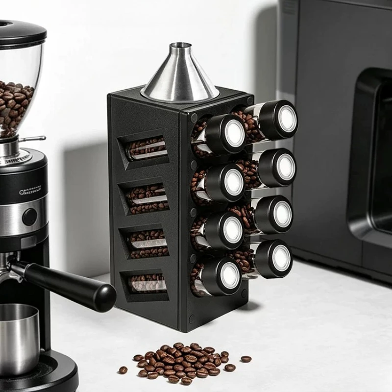 Glass Coffee Bean Storage Bottles, Portioning Jar Set with One-Way Valve Lids, ABS Base, Funnel, Vertical Horizontal Placement