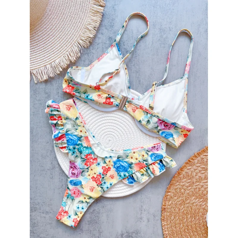 2025Hot-Selling Floral-Print Flying Bikini Suit High Waist Lace-up Fashionbiquini