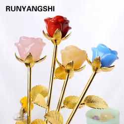 1PC Natural Crystal Crafts Rose Quartz Flowers Statue Healing Gemstone Valentines Day Gold Rod Rose Flower for Wedding Gifts