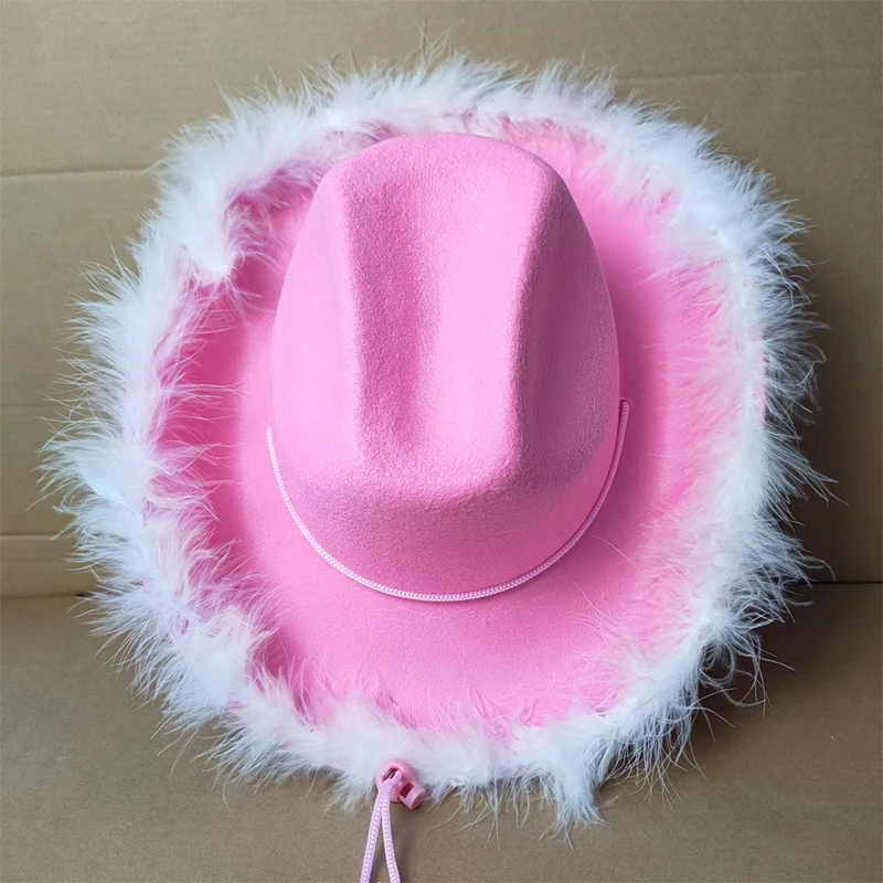 Gorgeous Fluffy Feather Brim Cowboy Hat Wide Brim Pink Cowgirl Hat All-match For Mardi Gras Rave Playing Dress Up