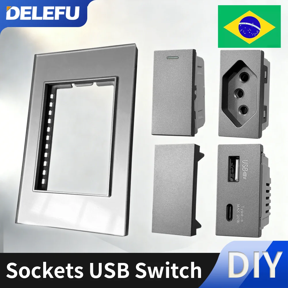 Tomada de Combinacão Livre Padrão Brasileiro DELEFU com Função USB Tipo C e Interruptor DIY, Painel de Vidro Cinza 118mm*72mm