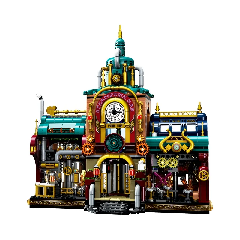 New 1557PCS City of Steam Steampunk Bar Street View Model  Building Blocks Kids DIY Brick Toys Christmas Gift