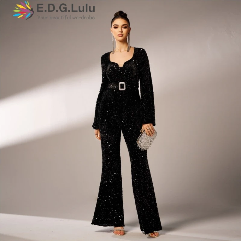 EDGLuLu  Fashion V-Neck Long Sleeves Black Sequined Jumpsuit Pants Woman Elegant Wide Leg Jumpsuit Pants 2024 New 1220