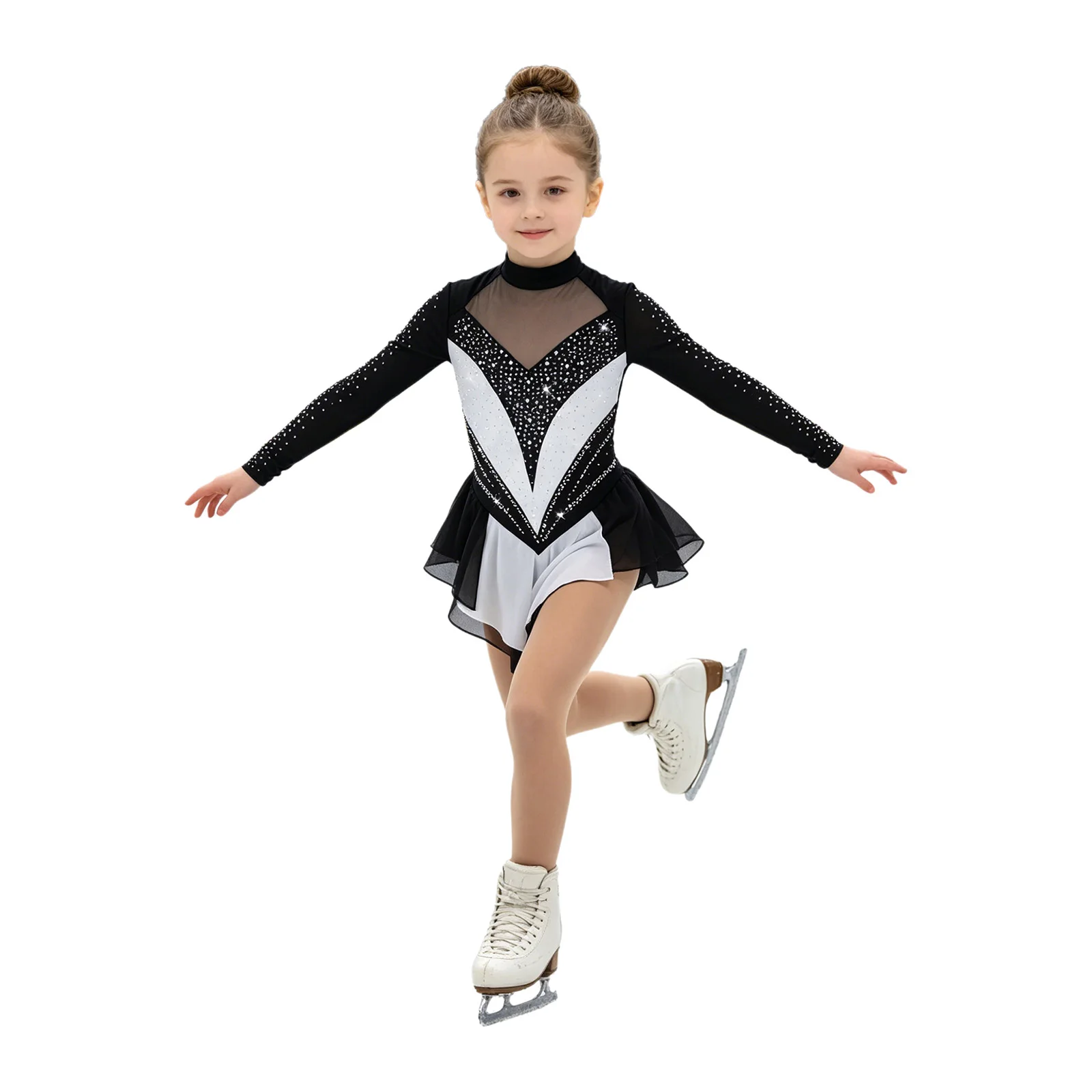 Kinder Mädchen Strass-Gymnastik-Trikot Eiskunstlauf Ballett Lyrisches Tanz-Auftrittskostüm Trikotkleid mit unregelmäßigem Saum – Detail 6
