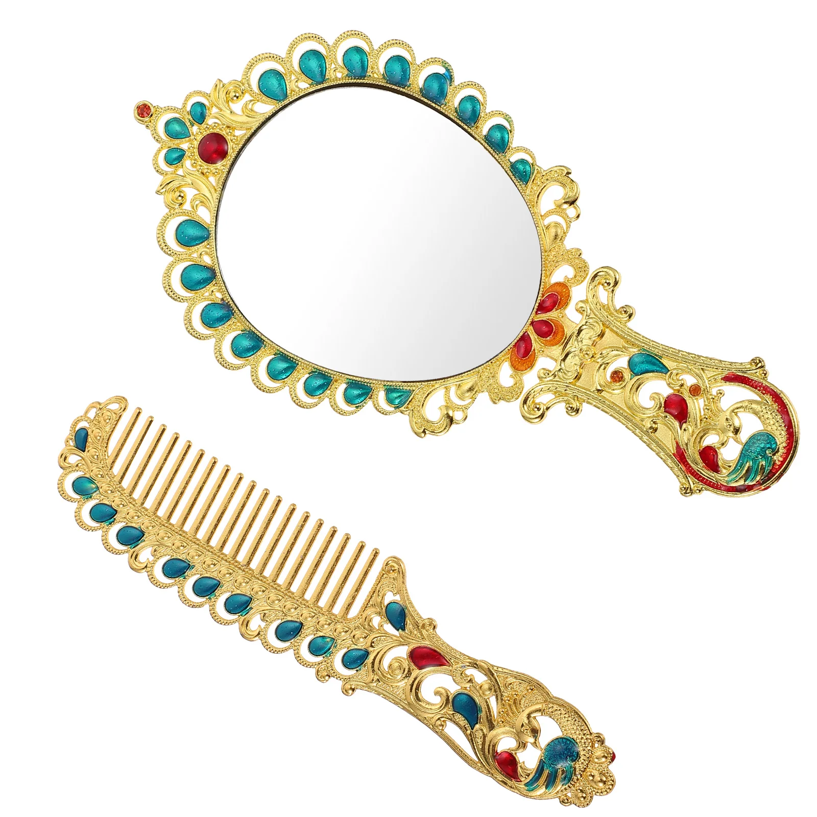 Relief Pfauenspiegel Kamm Set Metall Retro Make-up Taschenspiegel