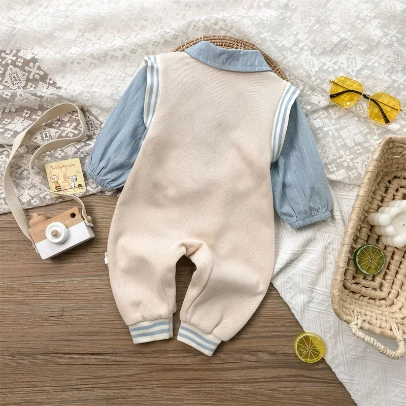 Baby Boy Romper Long Sleeves Blue Apricot Patchwork Bowtie Turn-down Collar Jumpsuit Infant Gentleman Clothes E2205