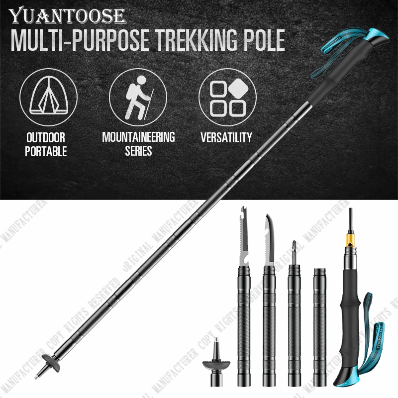 

Aluminium Multi-function Folding Hiking Stick Walking Stick Trekking Poles With Saw Cutting Knife Hunting Fork