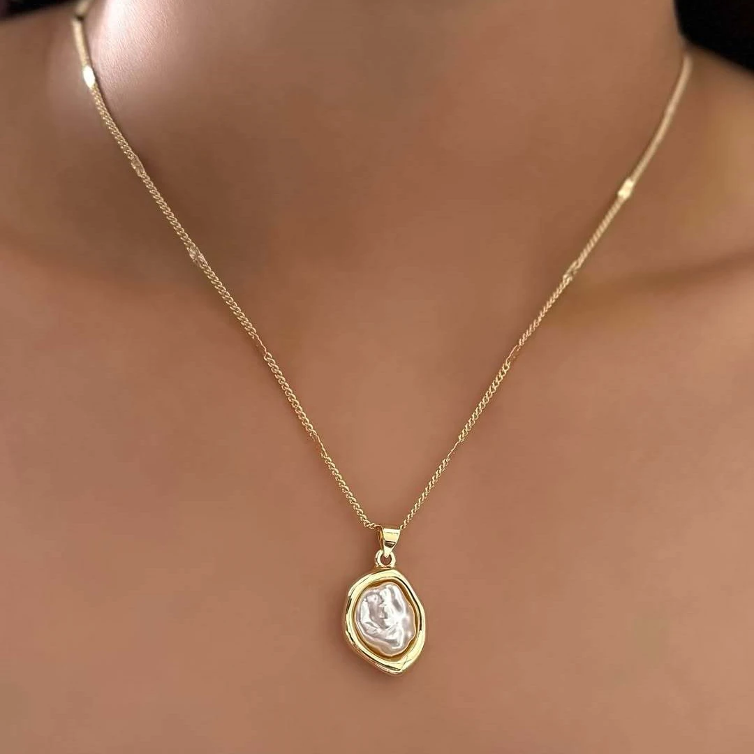 Vintage Schmuckset mit unregelmäßigen Barock-Imitationsperlen für Damen, vergoldete Ohrringe, Ring, Anhänger, Halskette, Hochzeitsgeschenk – Detail 4
