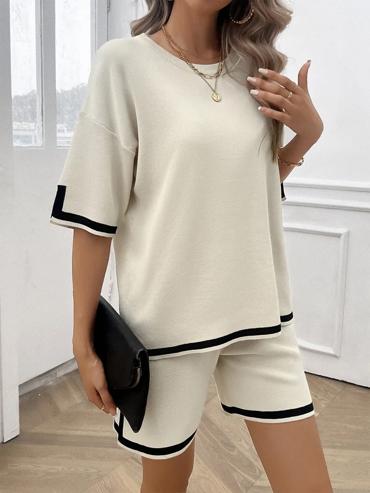 Fitaylor letnie damskie zestawy dwuczęściowe O-neck luźny top i sznurkiem spodenki z szerokimi nogawkami Casual Lady garnitury z dzianiny