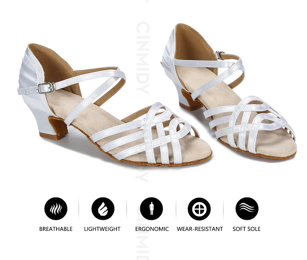 CINMIDY Damen-Satin-Tanzschuhe, weiße Latein-Tanzschuhe, Tango-, Salsa- und Ballsaal-Tanzschuhe mit Absatz, Damenschuhe für Partys. – Detail 3