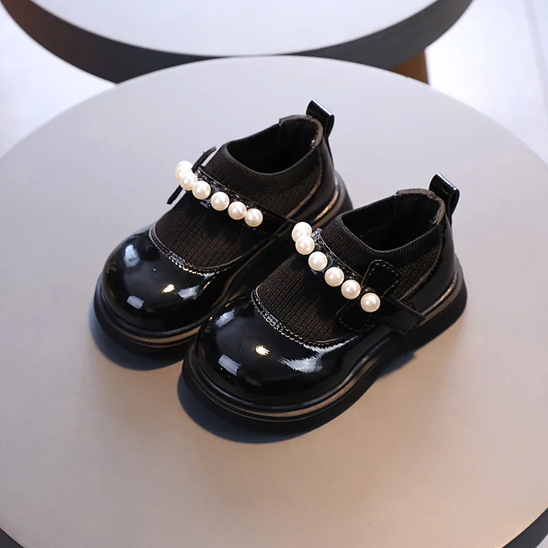 2024 Autumn New Pearls Princess Shoes for Children Soft Sole Outdoor Shoes Baby Girls Party Shoes Kids Pu Leather Shoes