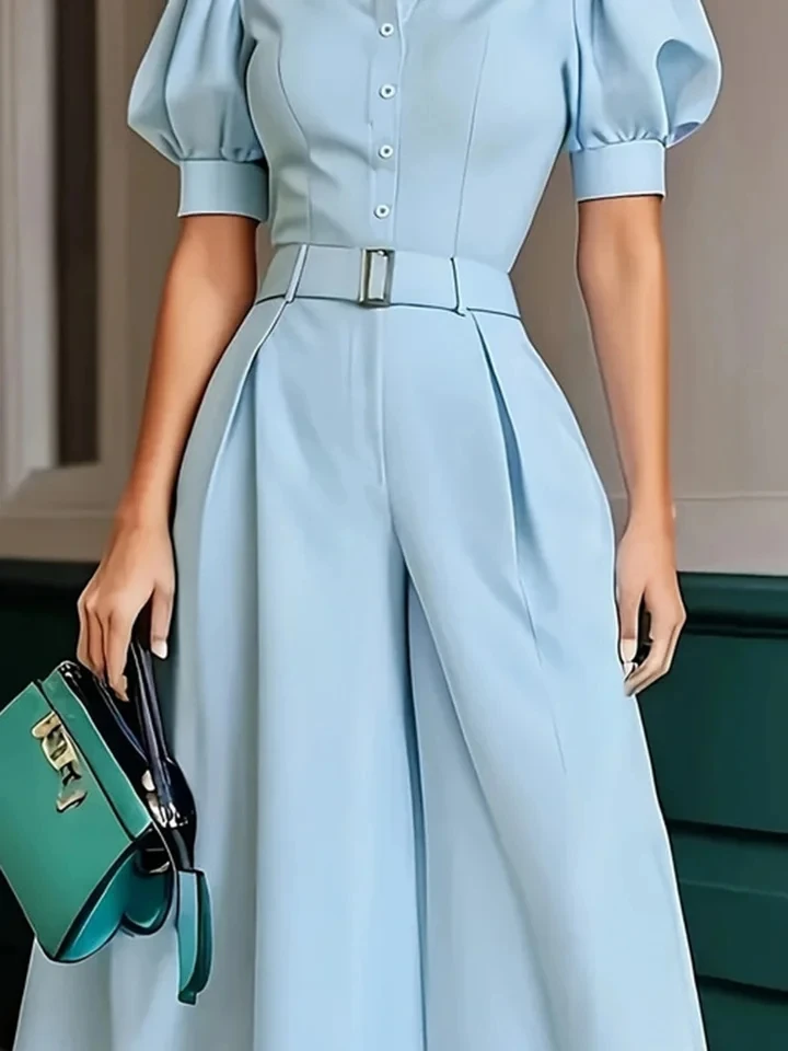 High Waist Solid Color Puff Sleeve Jumpsuits Elegant Lady Lapel Wide Leg Jumpsuits Fashion Casual Single Breasted Commute Romper