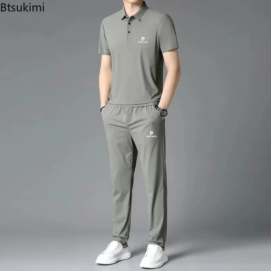 

New 2025 Summer Men's Thin Collar Ice Silk Sports Two-piece Set Comfortable High Elasticity Breathable No Trace T-shirt for Men