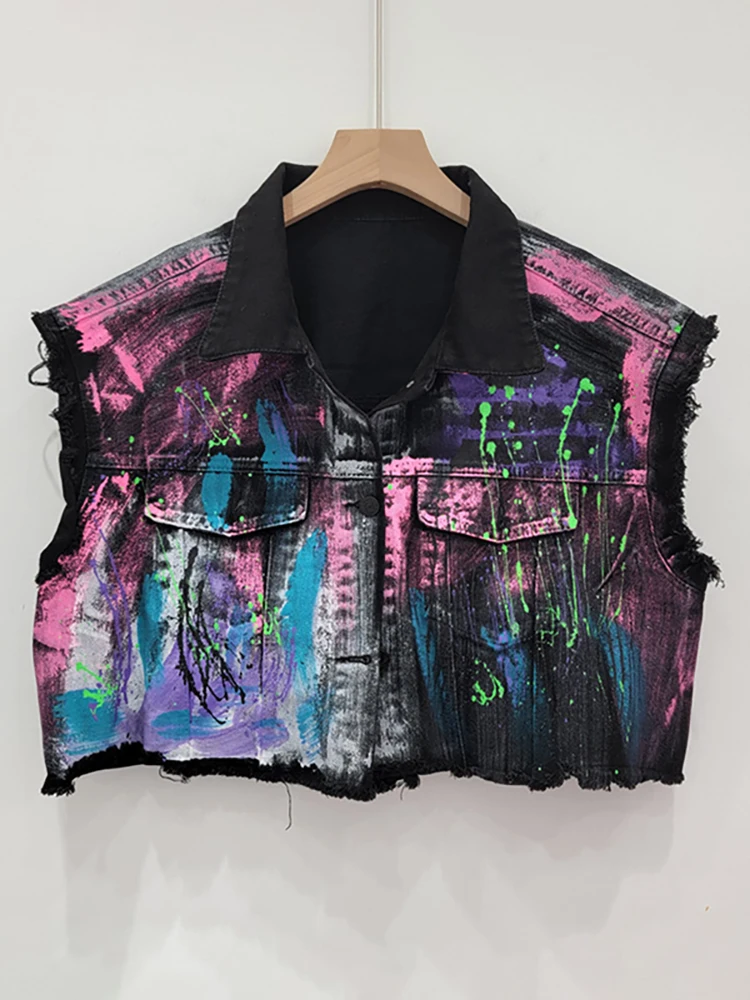 DEAT Donna Gilet di jeans Contrasto di colore Burrs Monopetto dipinto a mano Graffiti Gilet corto 2024 Autunno Nuova moda 29L7619