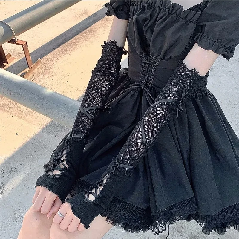 Lolita Sweet Girls Strapping Bow Fishnet Lace Fingerless Gloves Sexy Floral Sunscreen Oversleeve JK Gothic Elastic Mesh Handwear