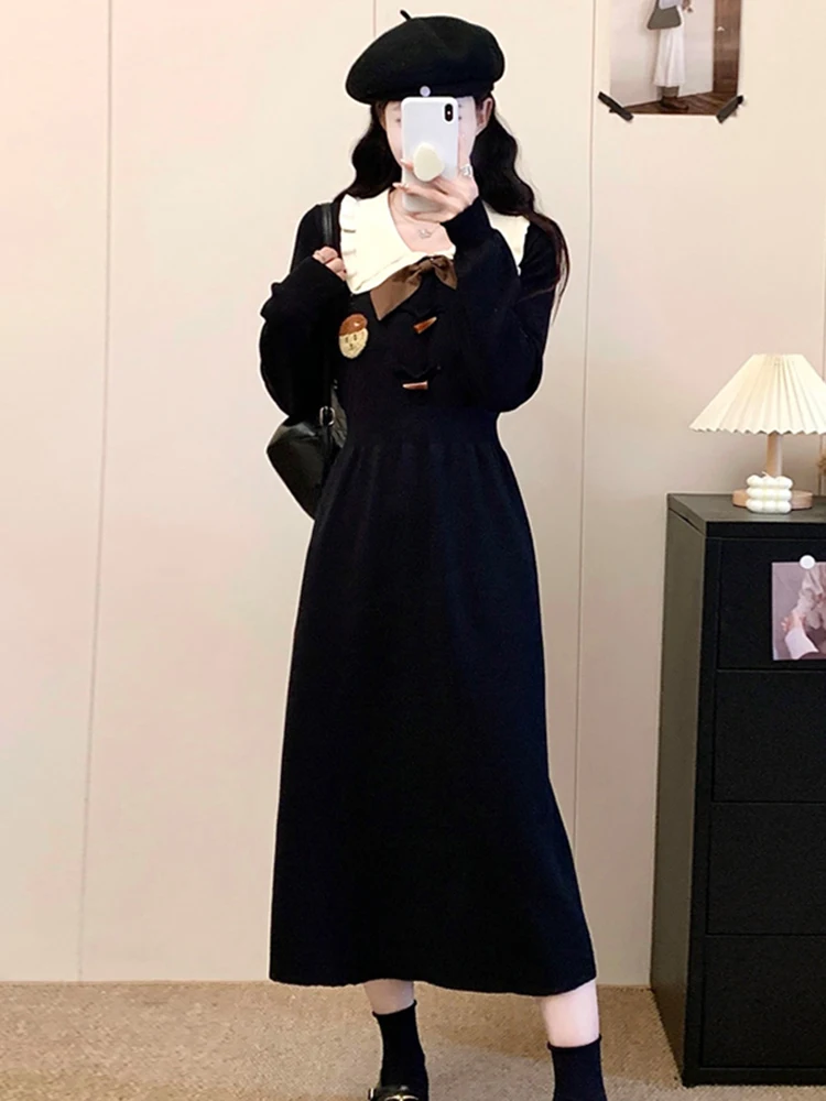 فستان نسائي كاجوال لربيع 2026 بأكمام طويلة وياقة دمية، تصميم نحيف على شكل حرف A، تنورة ضيقة متوسطة الطول أنيقة