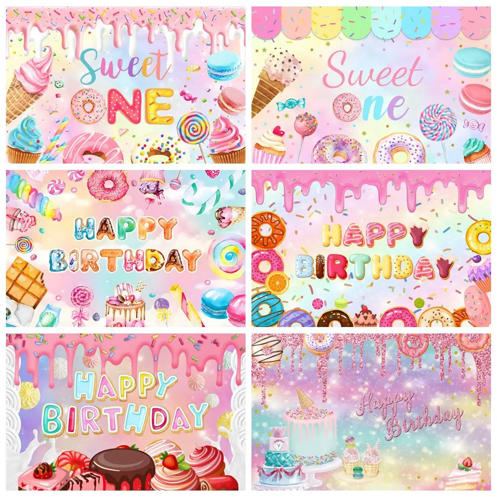 

Donuts Birthday Party Backdrop Ice Cream Cupcake Candy Syrup Princess Girls Sweet One Photo Photography Background Decor Banner