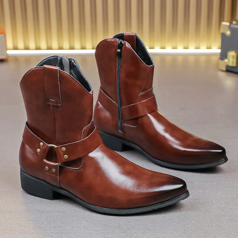 

Vintage Cowboy Boots Luxury Men Chelsea Boots Leather High Top Punk Boots Outdoor Man Western Boots Pointed-Toe Biker Boots Men