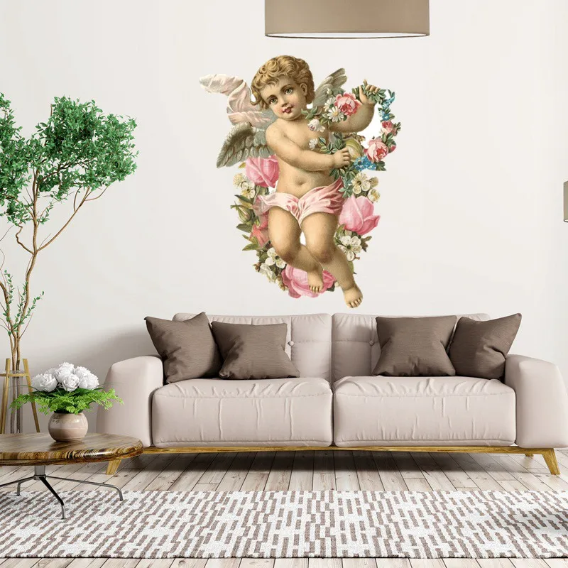 W1364 Retro Angel Kid Flower Wall Sticker Waterproof Decal PVC Home Decoration Kids Room Door Living Room Toile Bedroom