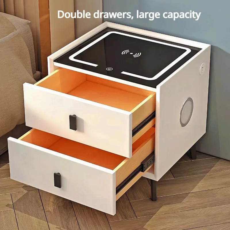 Internet Celebrity Smart Bedside Table Wireless Charging Simple Pine Double Drawer Bluetooth Storage Home Cabinet with Light