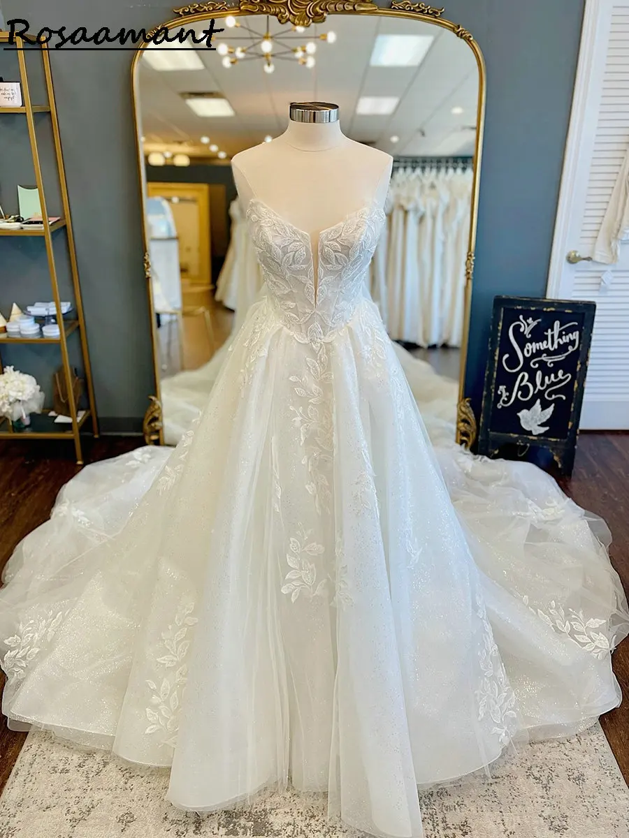 

Sparkly Crystal Strapless A-Line Wedding Dresses Floral Appliques Lace Country Bridal Gowns
