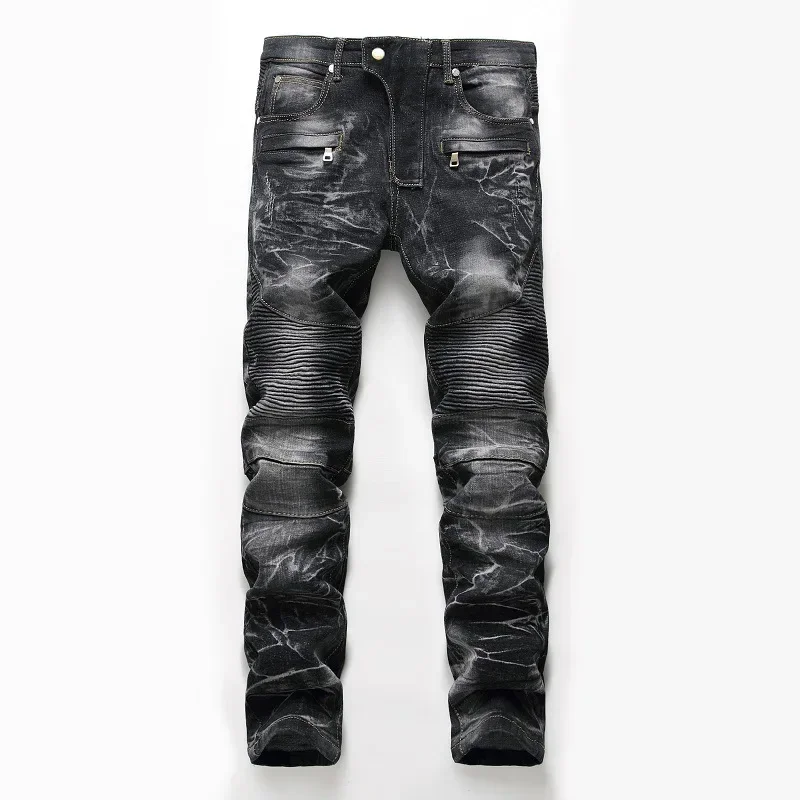 Jeans Men Denim Pants Long Pant Print Splice Simple Pockets Regular Pleated High Waist Straight Trousers Casual Autumn Winter