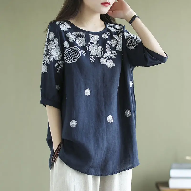 

Casual Pullovers Printing Simplicity Comfortable Loose T-Shirts Elegant Fashion Floral Summer Thin Intellectual Women's Clothing