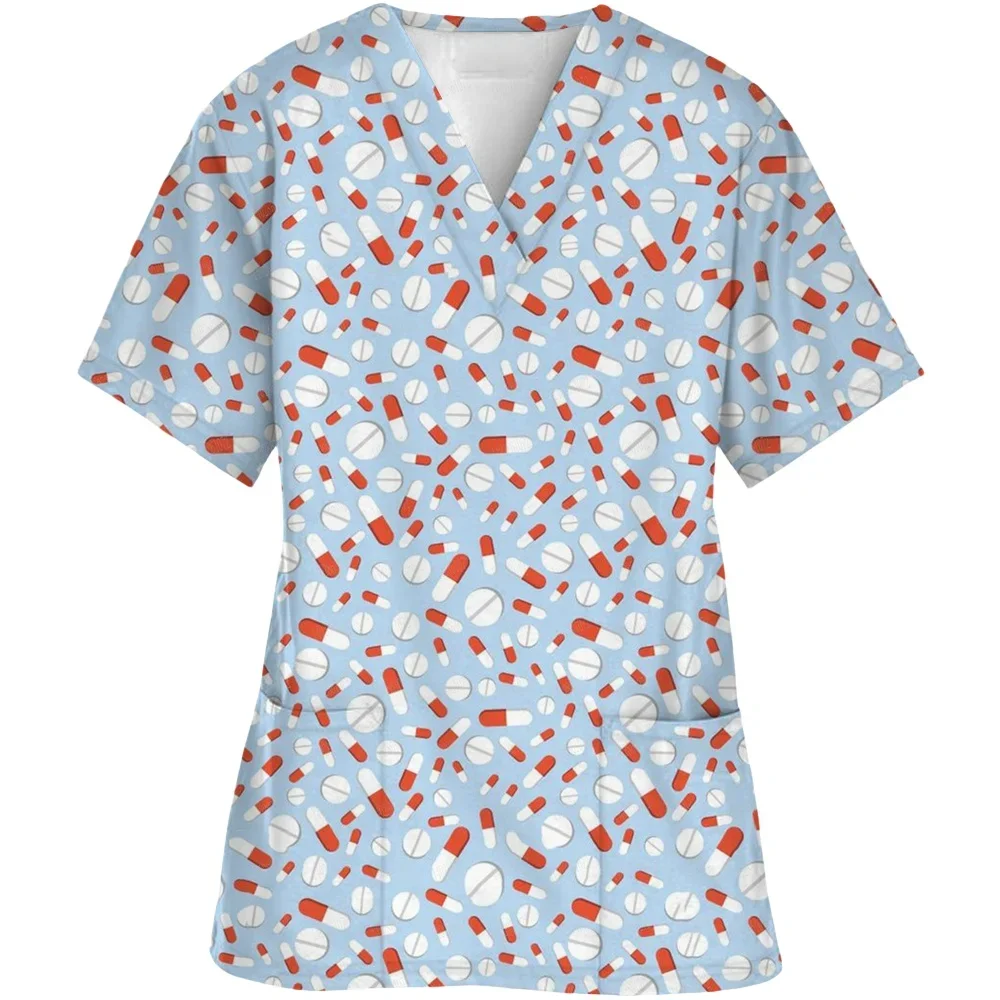 الزي الجراحي امرأة الأسنان ثلاثية الأبعاد طباعة الخامس الرقبة جيب طبيب الأسنان الدعك امرأة الكرتون تي شيرتات قصيرة الاكمام الزي السريري امرأة #4