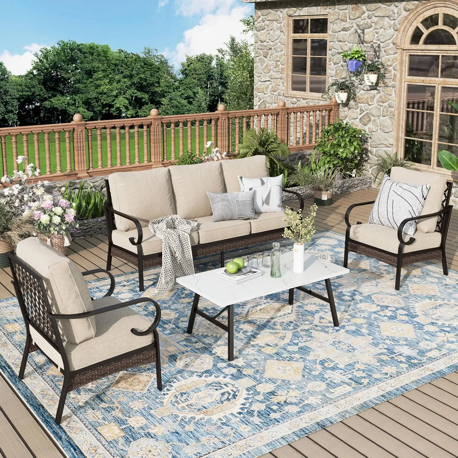 

3-Seat Sofa & 2 Chairs Patio Set Outdoor Conversation Furniture Coffee Table Lawn Garden Backyard, Customized