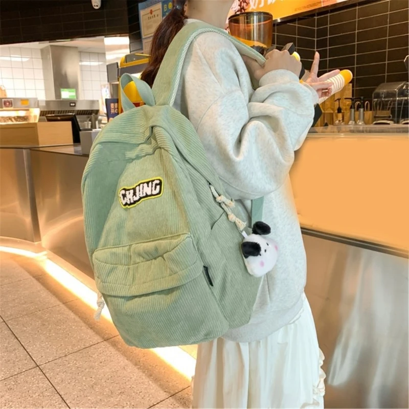 

Shoulder Bag for Teen Corduroy Backpack Rucksack with Pendant School Bag