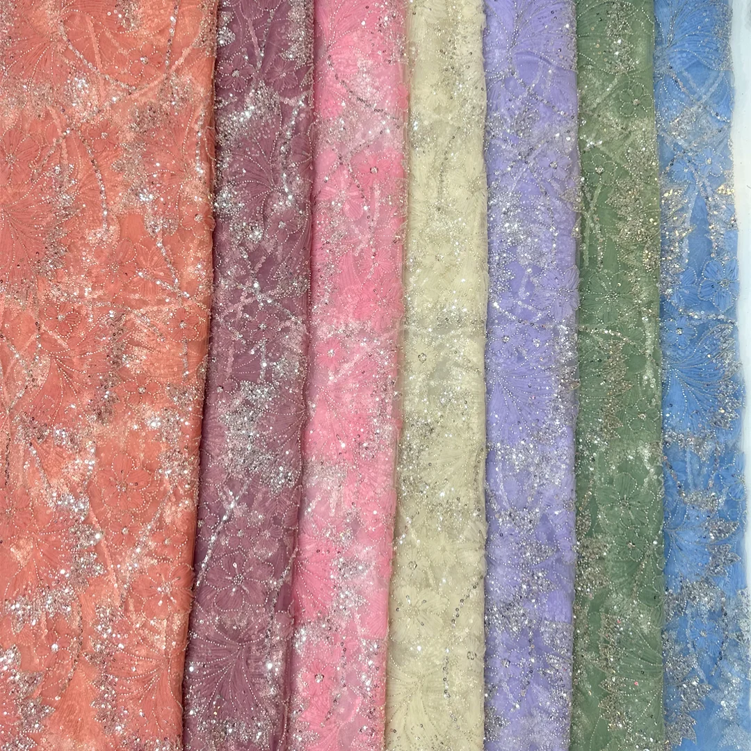 

French Sheer Lace Fabric With Appliqué Embroidery Beaded Sequins Tube Design African High Quality Fabric For Party Dress Sewing