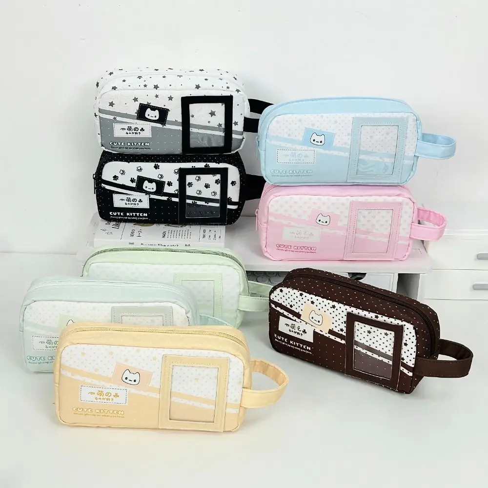 Kawaii Polka Dot Kitten Print Pencil Case Multi Colors with Handle Pen Bag Large Capacity with Photo Window Stationery Bag Gift