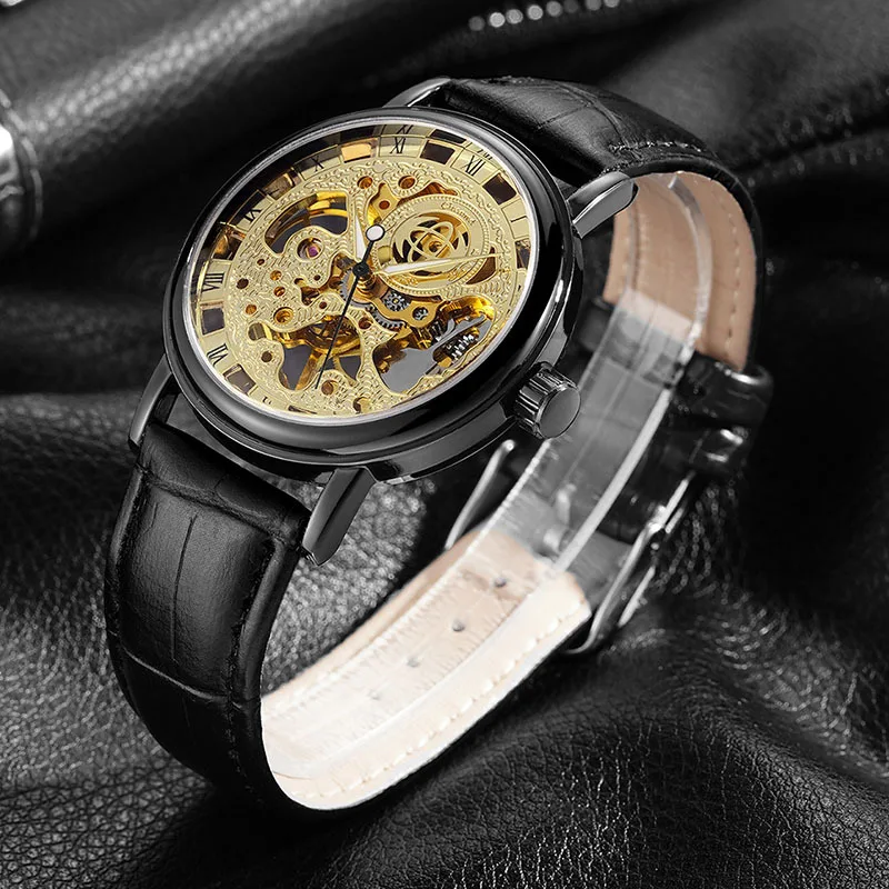 

GUTUO* Men’s Automatic Skeleton Watch Transparent Back Business Calendar Mechanical Wristwatch Export Model
