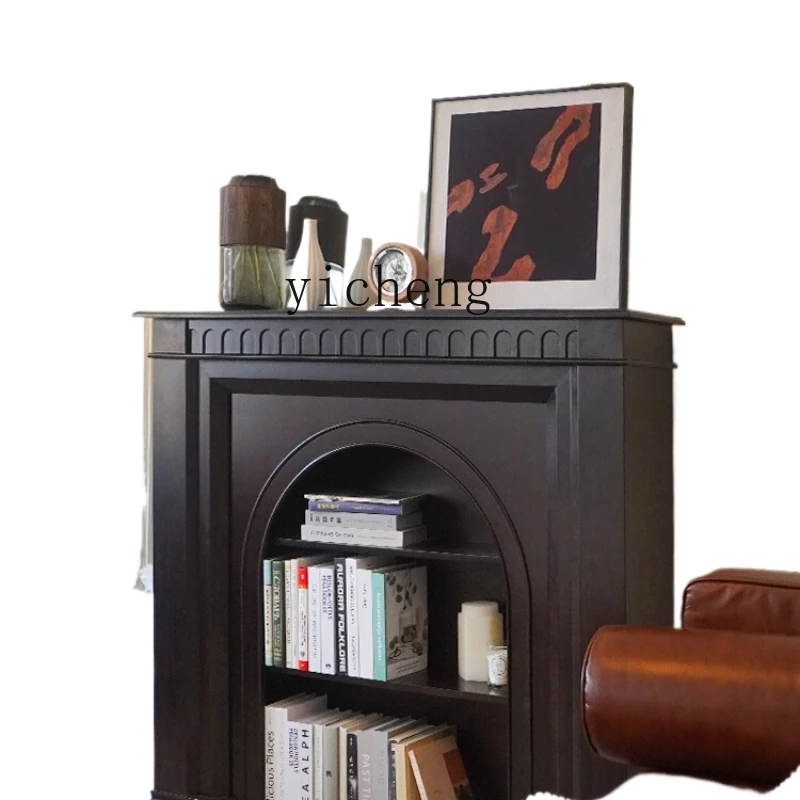 

ZC Retro Style Solid Wood Fireplace Black Curio Cabinet Living Room Entrance Cabinet Side Cabinet