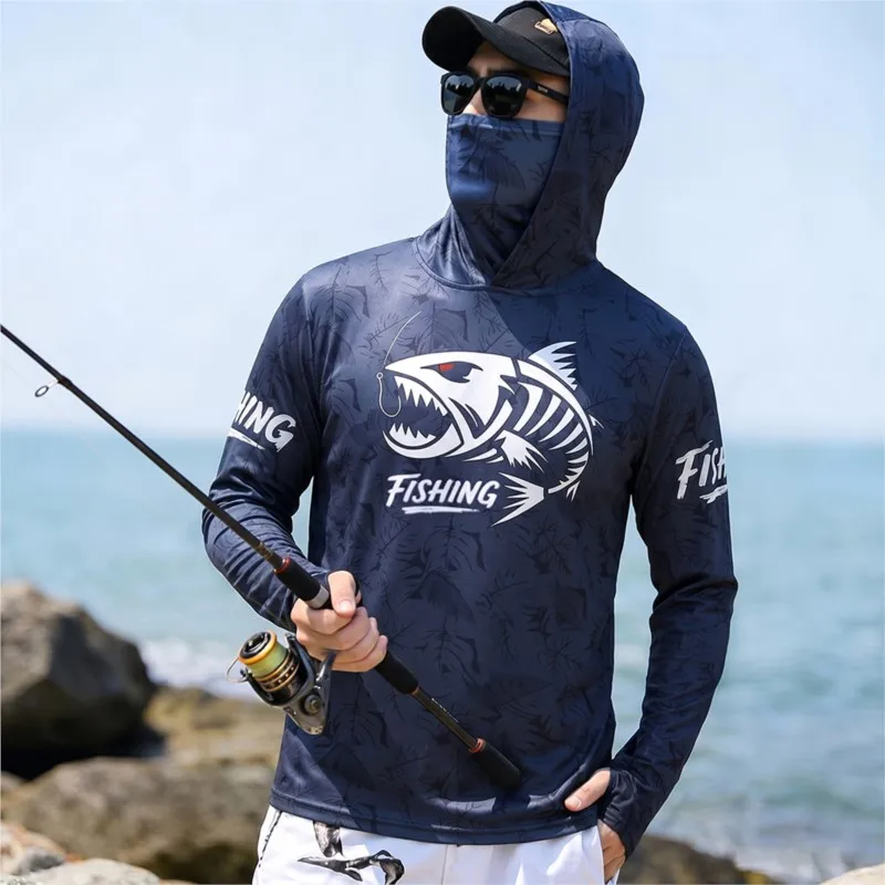 Men Skeleton Fish Print UPF50+ Fishing Shirt Hooded With Face Mask Long Sleeve Quick Dry Anti‑UV Breathable Outdoor Angling Tops