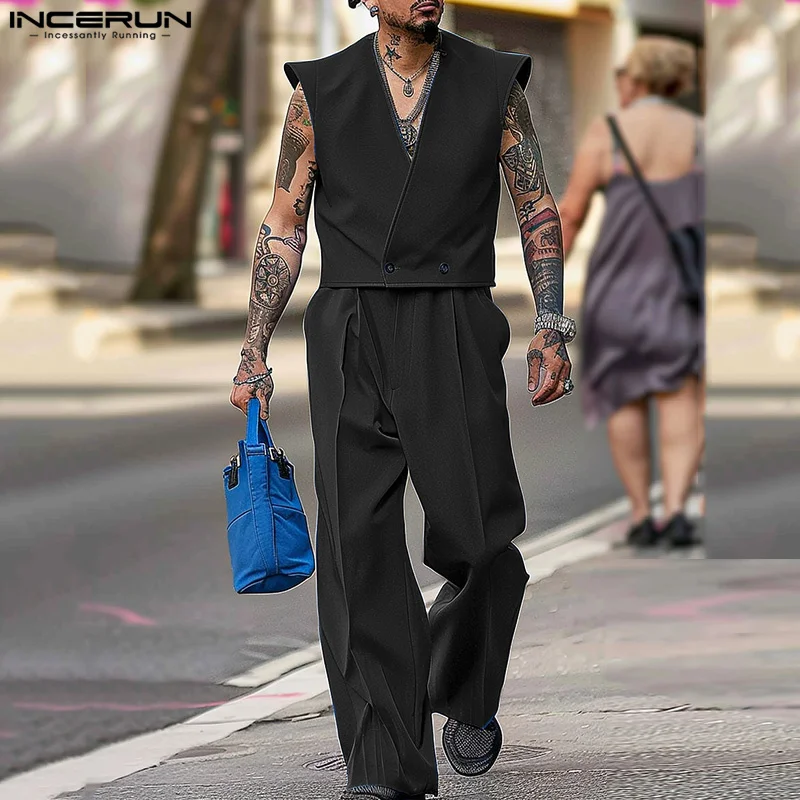 INCERUN 2024 American Style Fashion Sets Mens Sleeveless Cardigan Long Pants Casual Streetwear V-neck Solid Two-piece Sets S-5XL