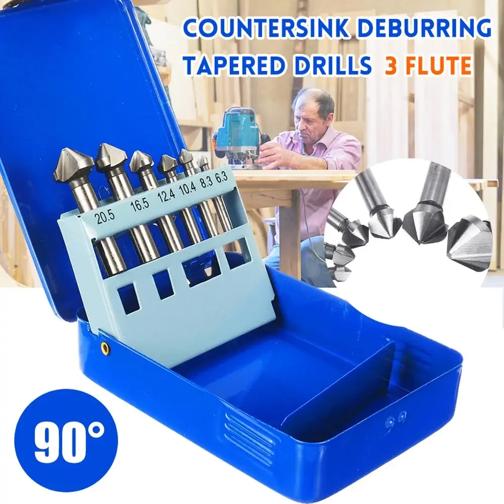 

6pcs 90 Degree 3 Flute Countersink Deburring Tapered Drill HSS Bit Screw Set With Box