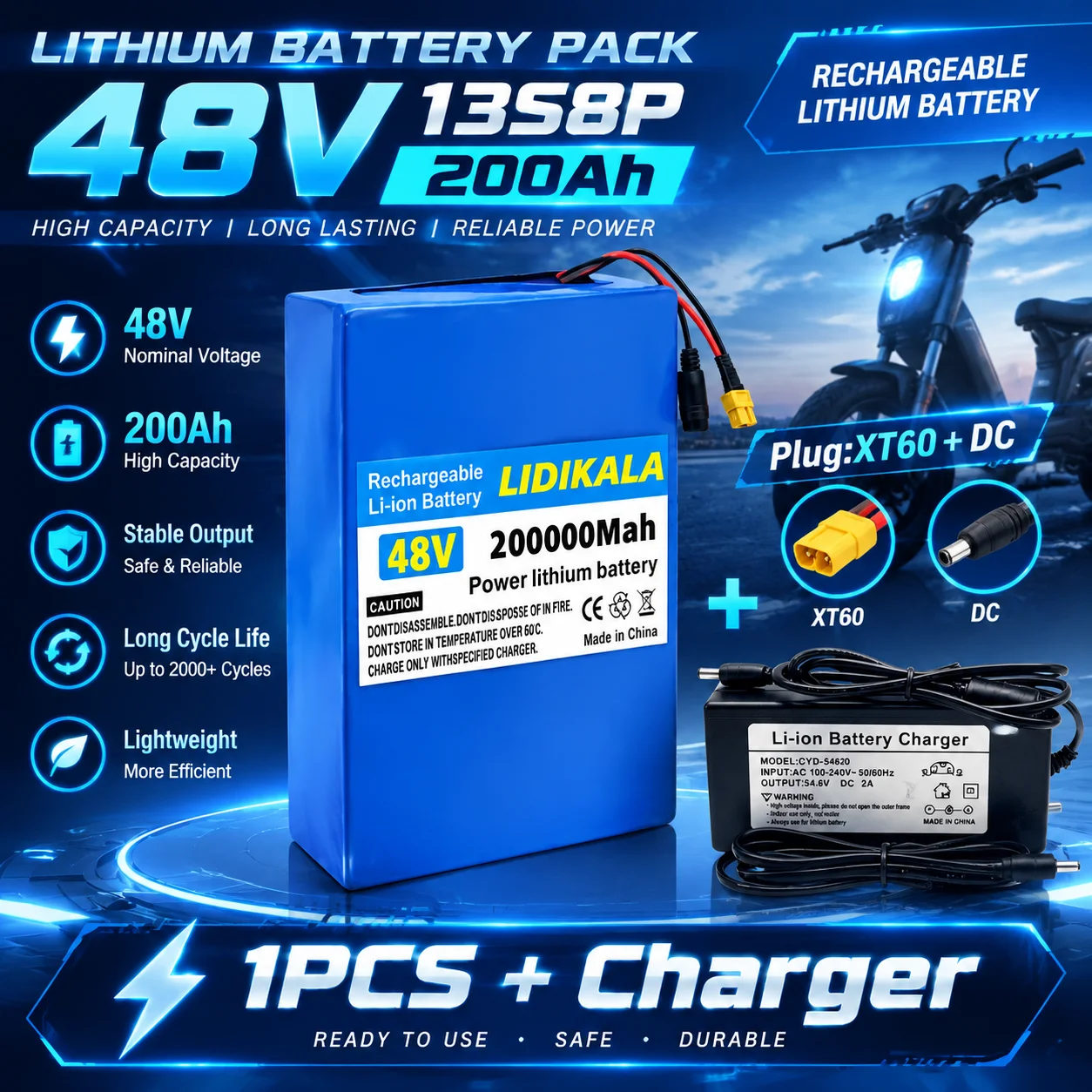Batteria al litio da 48 V e 200.000 mAh con caricabatterie, batteria ricaricabile agli ioni di litio ad alta potenza, configurazione 13S8P, per biciclette elettriche, scooter elettrici, golf cart,
