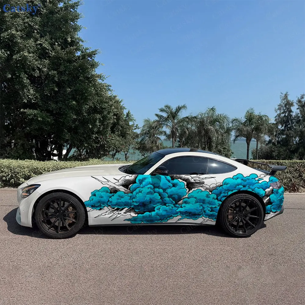 

2pcs Azure Fury Cloud Speed Style Car Side Wraps, Self-Adhesive PVC Waterproof & Scratch-Resistant Stickers, Car Accessory Gift