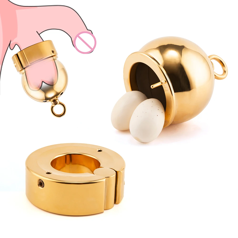 

24K Gold CBT Cock Penis Device Ball Stretcher Scrotum Pendant Testis Weight Restraint Cockring Lock Fetish Sex Toy for Men