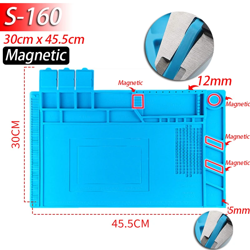 Lötstation-Matte Silikon-Arbeitsmatte Hitzebeständig 932 ° F Antistatische Magnetmatte für Elektronik, Handy, Laptop und Uhrenreparatur