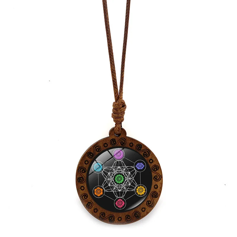 Vintage Aartsengel Metatron Kubus Houten Ketting Heilige Geometrie Hexagram Sri Yantra Amulet Sieraden