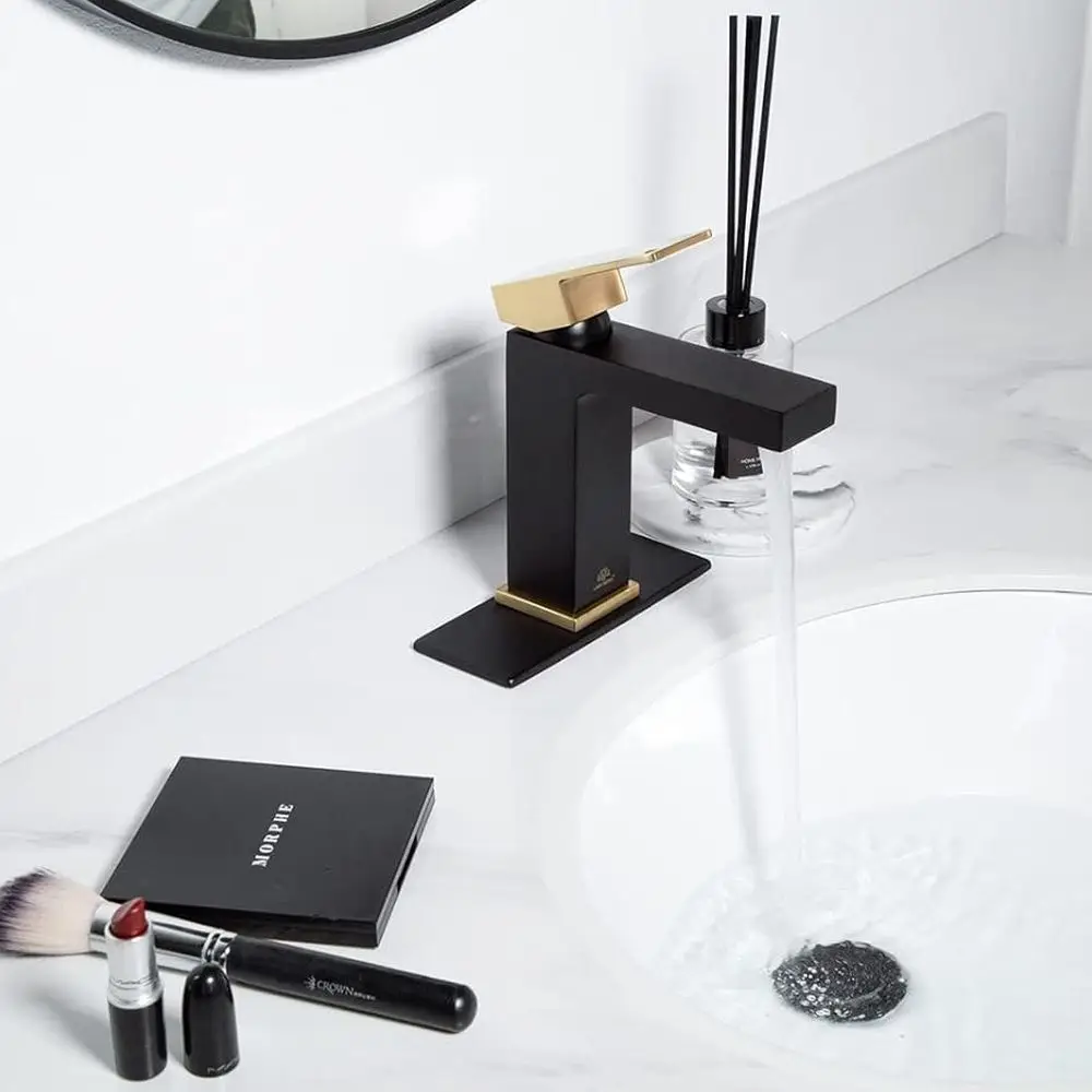 صنبور حوض الحمام النحاسي ذو الفتحة الواحدة باللونين الذهبي والأسود بمقبض واحد، يتضمن مجموعة الصرف ولوحة سطح السفينة، موديل BF307-GB #2