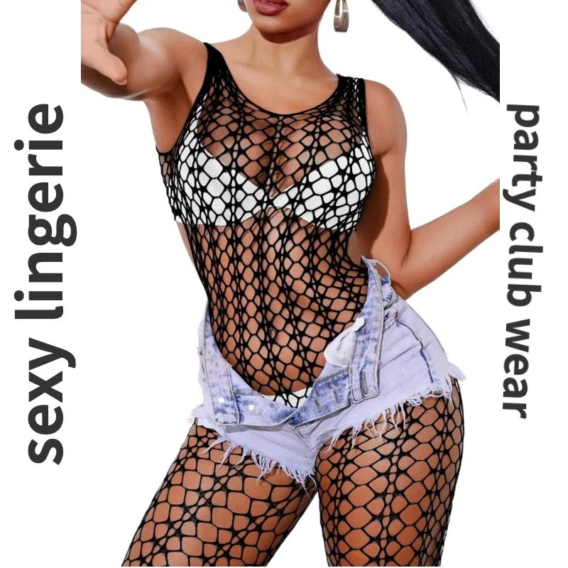 Bodysuit malha oca para mulheres, roupas de festa rave, lingerie sexy, macacão arrastão, roupas de dança exóticas, ver através dos bodas