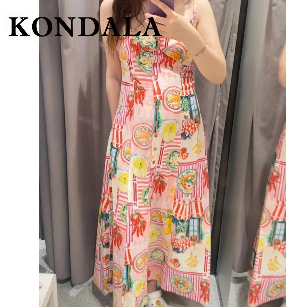 KONDALA Chic Sexy Stampa Y2K Patchwork Donna Abiti Moda 2025 Vacanza Estiva Pulsante Arco Cami Dress Lungo Mujer Beach Abiti
