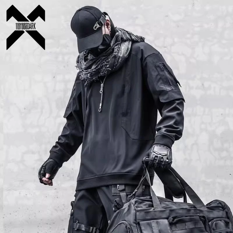 

Men Functional Sweatshirt Techwear 2024 Winter Fashion Harajuku Patchwork Tactical Pullover Loose O-Neck Sweat Shirt Tops