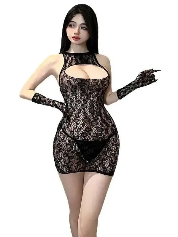 sexy sweet girl Gauze subdue temptation one piece hollow out perspective bag buttocks mesh clothing large size dress elegant HIS
