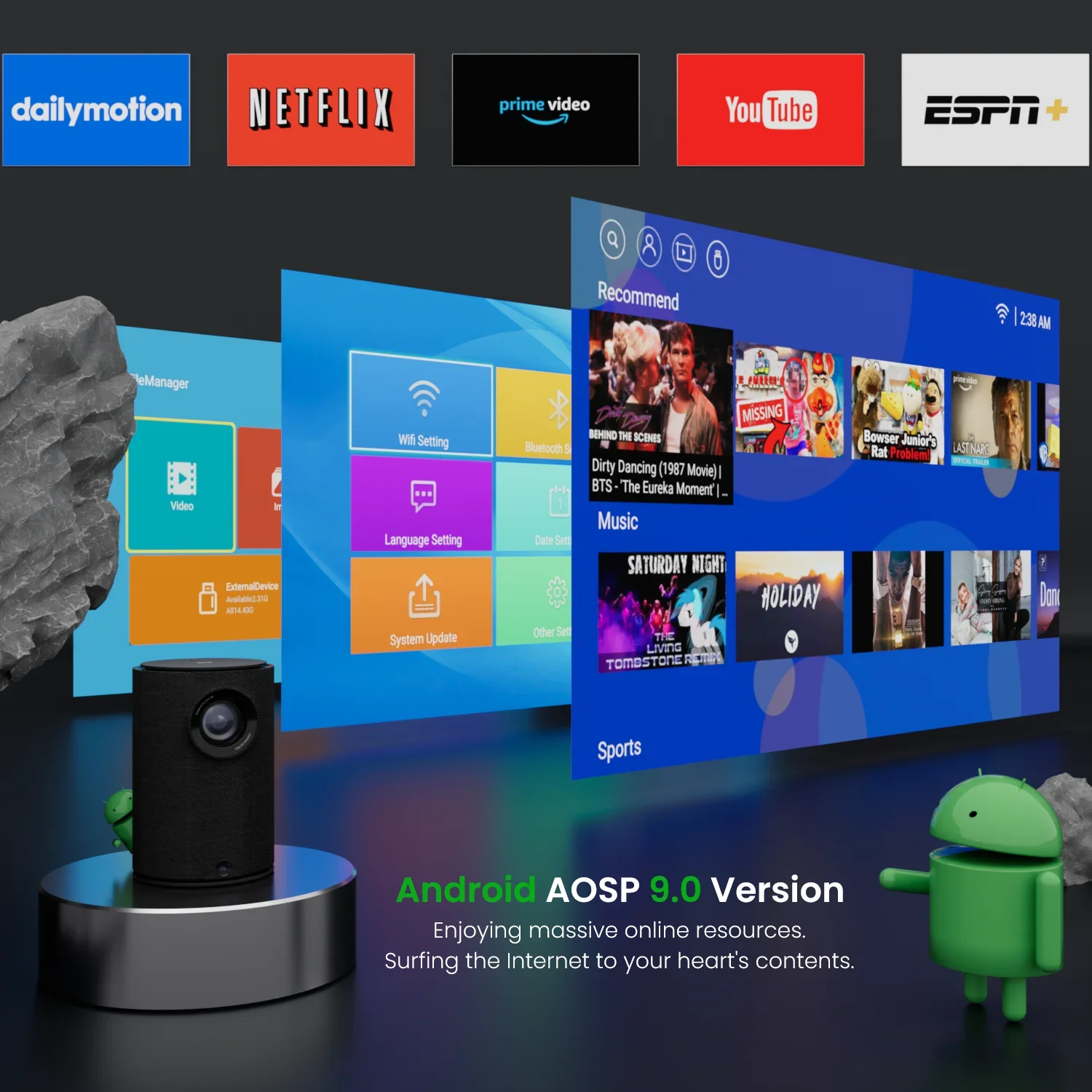 Proyector inteligente Android 9,0 para el hogar, altavoz incorporado, WIFI, interactivo, BT5.1, vídeo de EE. UU., cine en casa, teléfono LCD portátil