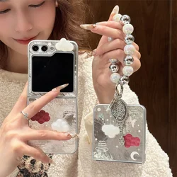 Fashion Silver Cute Cloud Phone Case For Samsung Z Flip 6 5 4 3 Cover with Chain Kawaii Cases For Galaxy Z Flip6 Flip5 Flip4 5G